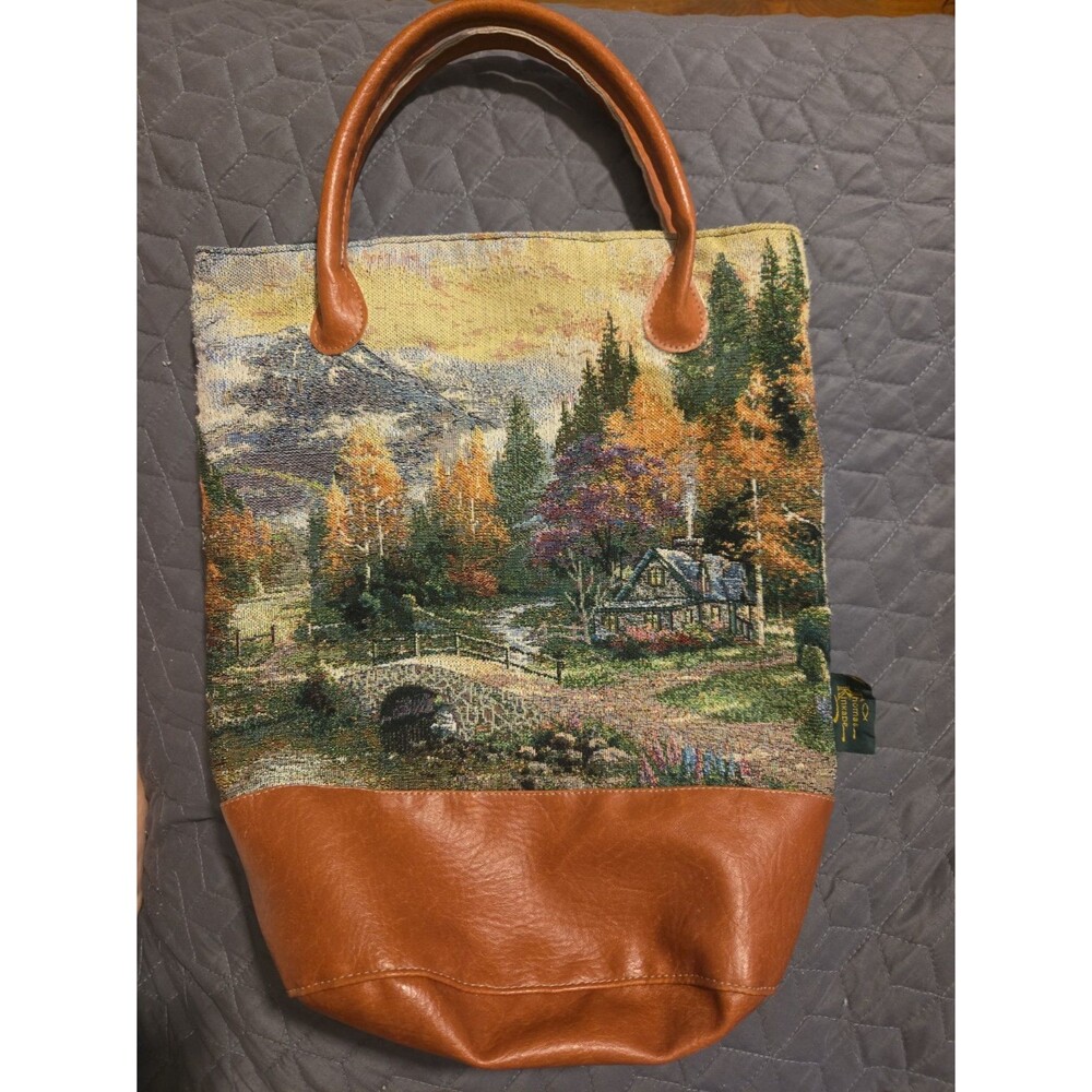 Thomas Kinkade Tapestry Tote Bag Cottage Mountain Fall Landscape Brown